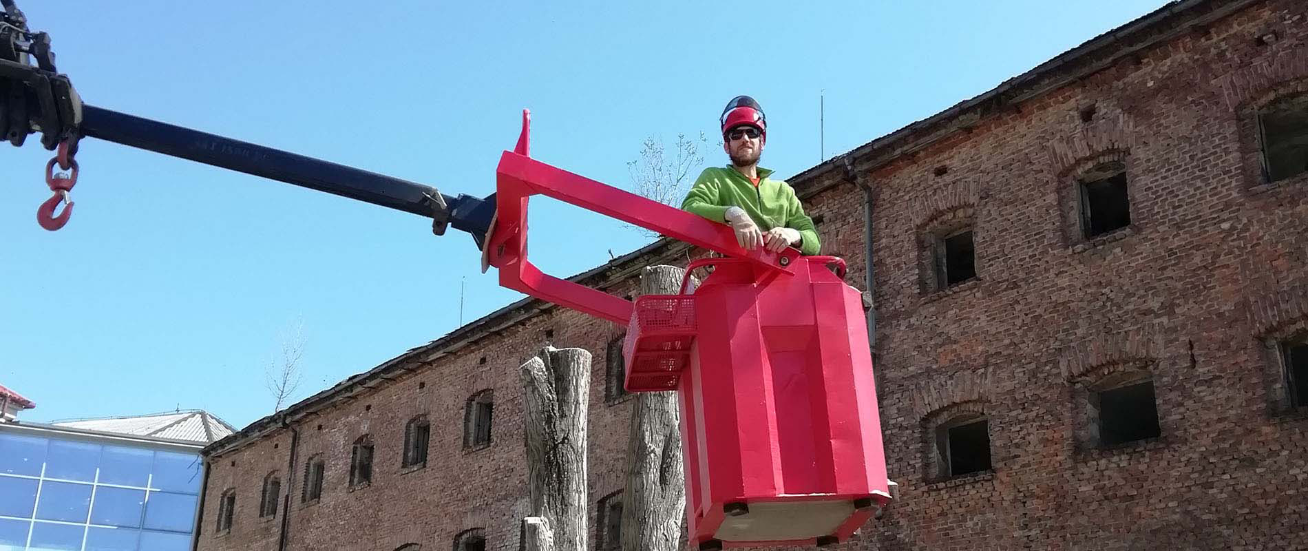 Arborist Polh pri delu v višinski košari